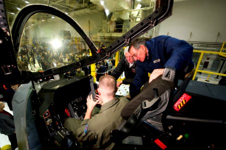 US Navy 120120-D-BW835-017 Secretary of Defense Leon E. Panetta and Congressman Steny Hoyer (D-Md) are shown the cockpit of the F-35 Joint Strike F