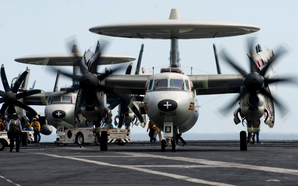 US Navy 120125-N-DR144-318 An aircraft assigned to Carrier Airborne Early Warning Squadron 125 taxis to launch on the first all-female-crewed comba