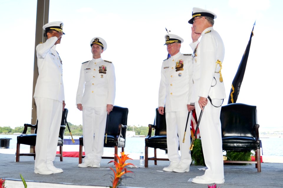 US Navy 120120-N-IT566-219 Adm. Cecil Haney, left, salutes Adm. Patrick M. Walsh as Haney relieves Walsh as U.S. Pacific Fleet commander