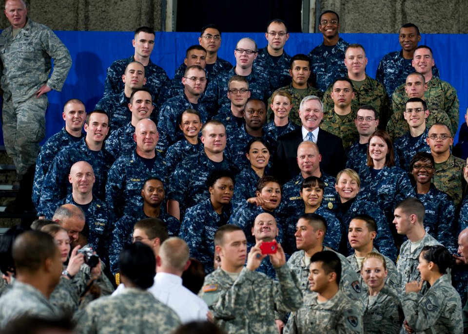 US Navy 120126-N-AC887-006 Secretary of the Navy (SECNAV) the Honorable Ray Mabus poses with Sailors and Marines at Buckley Air Force Base
