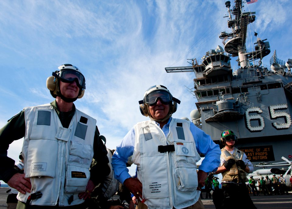 US Navy 120121-N-FI736-197 Secretary of Defense Leon E. Panetta, right, and Rear Adm. Walter E. Carter, commander of Carrier Strike Group (CSG) 12