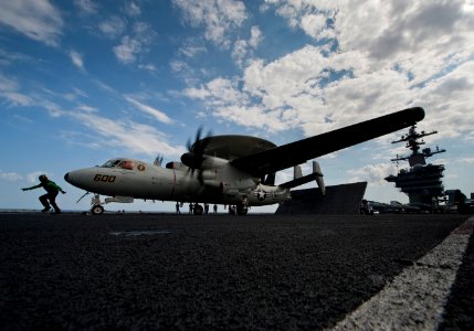US Navy 120125-N-DR144-369 An aircraft assigned to Carrier Airborne Early Warning Squadron 125 prepares to launch on the first all-female-crewed co