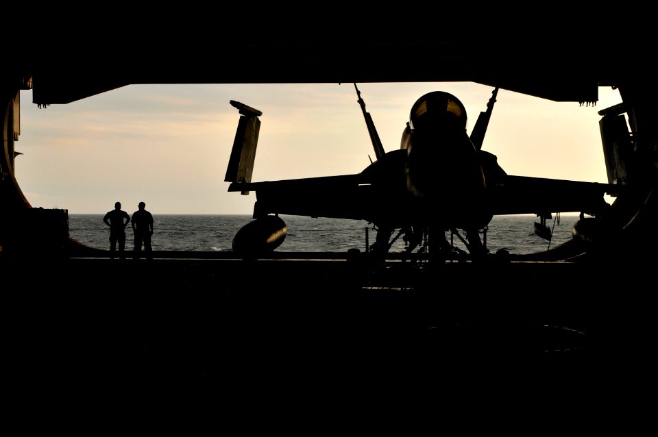 US Navy 120121-N-ZI635-067 Sailors watch the sunset from the hangar bay aboard the Nimitz-class aircraft carrier USS Carl Vinson (CVN 70)