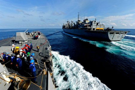 US Navy 120124-N-VH839-005 Sailors aboard the Arleigh Burke-class guided-missile destroyer USS Dewey (DDG 105) man their stations while the ship tr