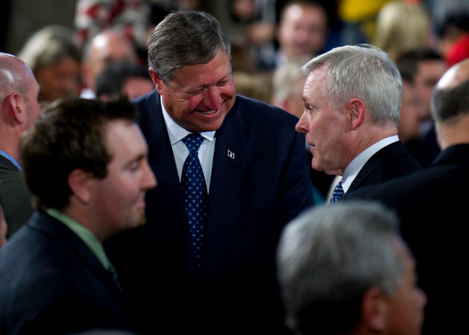 US Navy 120126-N-AC887-001 Secretary of the Navy (SECNAV) the Honorable Ray Mabus, right, shares a laugh with Secretary of the Air Force Michael D