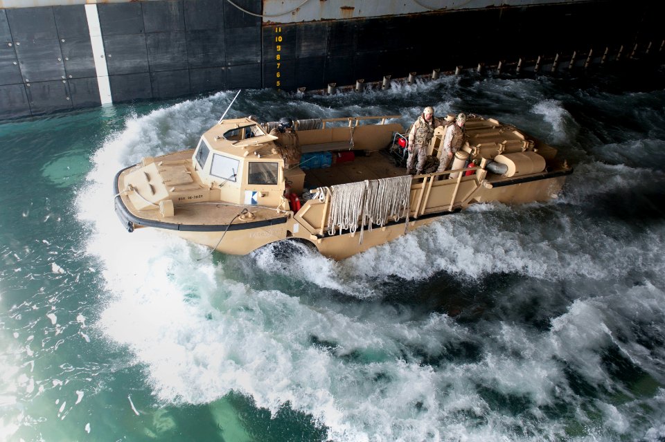 US Navy 120127-N-KS651-215 A lighter amphibious re-supply cargo departs the welldeck of amphibious dock landing ship USS Pearl Harbor (LSD 52) duri