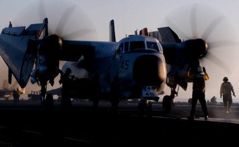 US Navy 120126-N-TZ605-328 A C-2A Greyhound is prepared for launch on the flight deck aboard the Nimitz-class aircraft carrier USS Carl Vinson (CVN