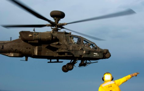 US Navy 120127-N-PB383-857 A Sailor guides a helicopter off the flight deck