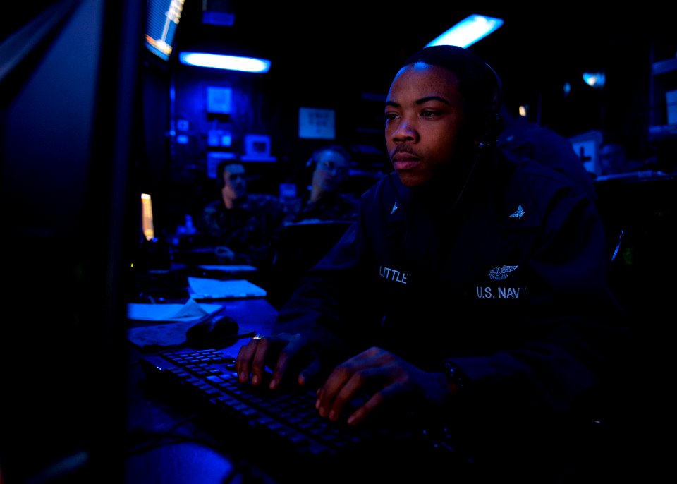 US Navy 120128-N-FI736-887 Air Traffic Controller 3rd Class Tyrell Little stands watch aboard the aircraft carrier USS Enterprise (CVN 65)