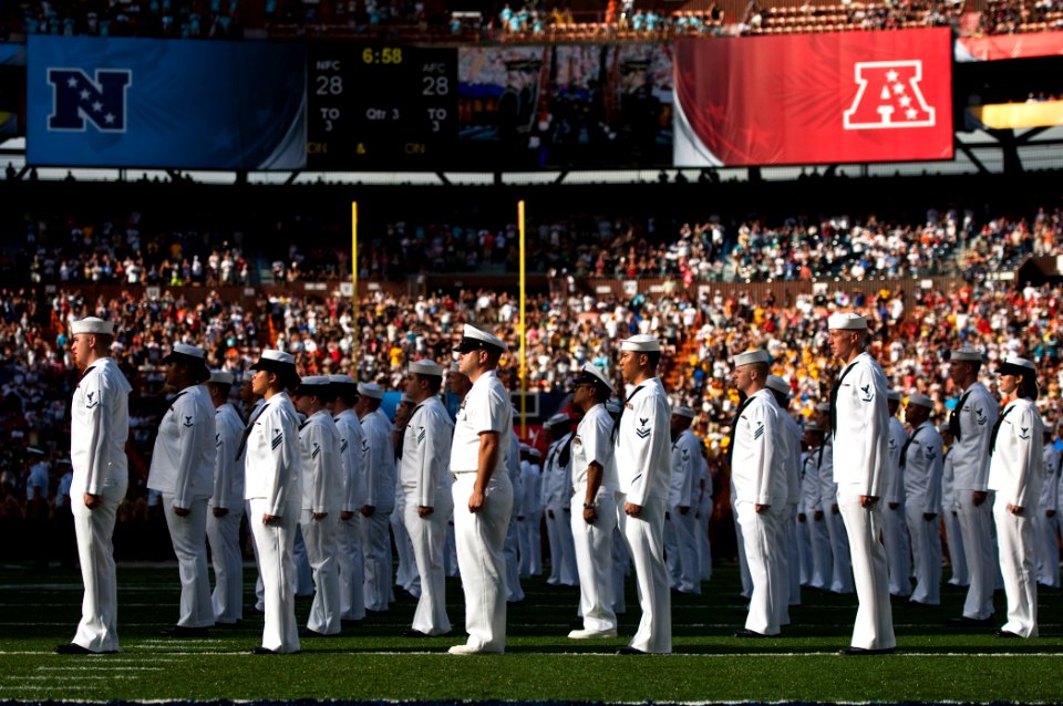 US Navy 120129-N-WP746-038 More than 200 Hawaii-based Sailors stand at attention at the Aloha Stadium field during the 2012 Pro Bowl Military Appre