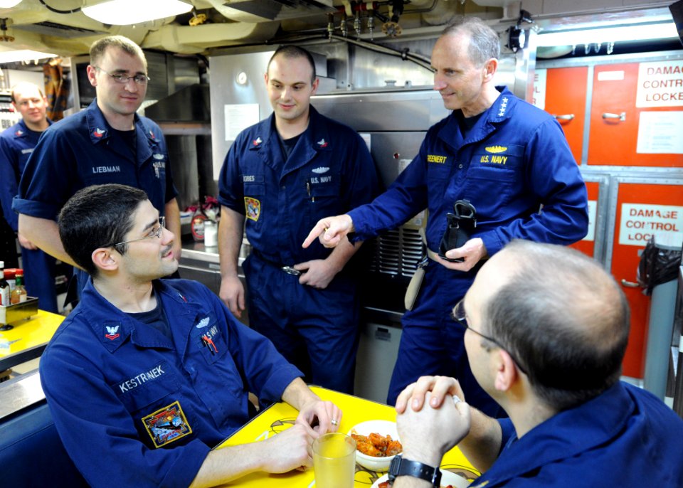 US Navy 120127-N-WL435-118 Chief of Naval Operations (CNO) Adm. Jonathan Greenert meets the crew and tours the spaces of the Virginia-class attack