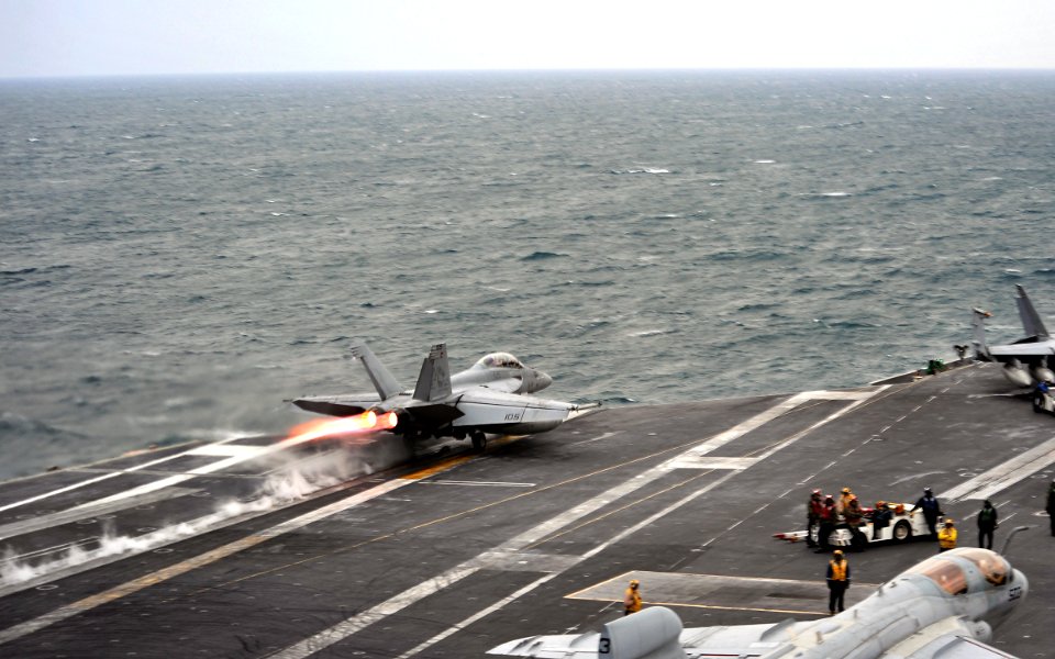 US Navy 120131-N-YB753-044 An F-A-18F Super Hornet assigned to the Bounty Hunters of Strike Fighter Squadron (VFA) 2 launches from the Nimitz-class