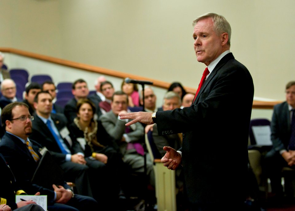 US Navy 120130-N-AC887-005 Secretary of the Navy (SECNAV) the Honorable Ray Mabus, speaks to students, professors and members of the Harvard Busine