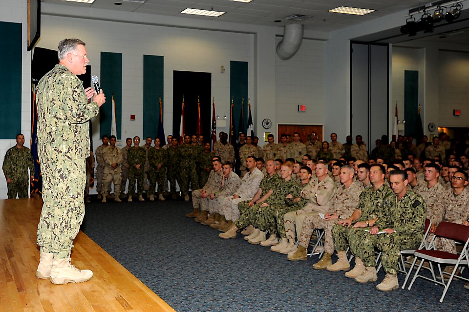 US Navy 120201-N-OX597-001 Vice Adm. Mark Fox, commander of U.S. Naval Forces Central Command, speaks to Sailors and Marines