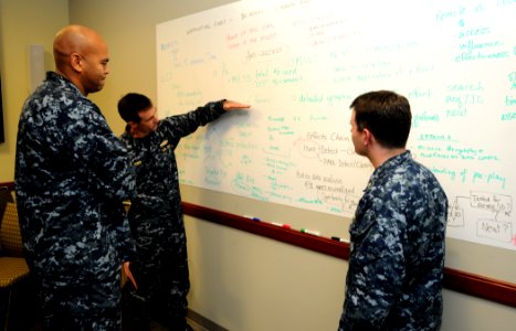 US Navy 120203-N-XR557-015 Cmdr. Wes Cooper, left, Rear Admiral (select) Ken Perry, vice commander, Naval Mine and Anti-Submarine Warfare Command,