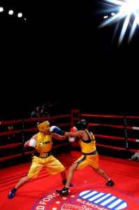 US Navy 120201-N-ZZ999-444 Navy Information Technician 2nd Class Nicole Saunders jabs Spc. Dianeya Nodarse their bout in the finals of the 2012 Arm