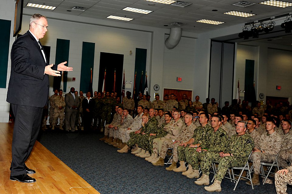 US Navy 120201-N-OX597-008 Under Secretary of the Navy Robert Work speaks to Sailors and Marines during an all-hands call while visiting U.S. Naval