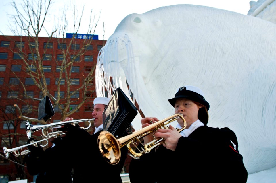 US Navy 120206-N-CZ945-079 A Sailor plays the trumpet during a performance at the 63rd Sapporo Snow Festival