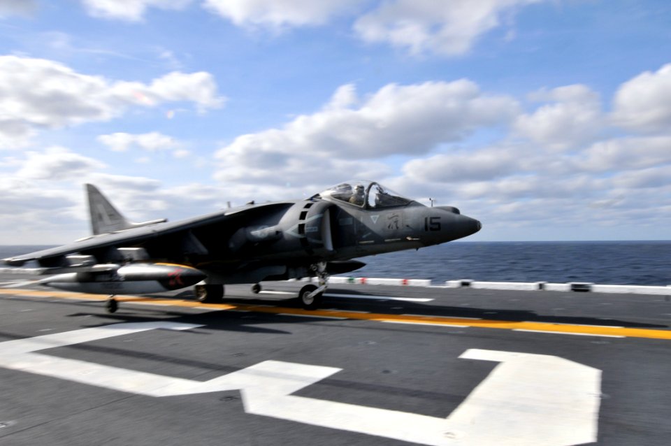 US Navy 120203-N-UM734-314 An AV-8B Harrier from Marine Attack Squadron (VMA) 542 takes off from the amphibious assault ship USS Kearsarge (LHD 3)