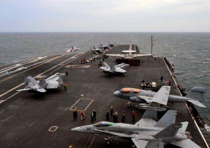 US Navy 120131-N-YB753-037 Aircraft assigned to Carrier Air Wing (CVW) 2 launch from the Nimitz-class aircraft carrier USS Abraham Lincoln (CVN 72)