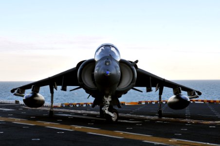 US Navy 120201-N-UM734-484 An AV-8B Harrier from Marine Attack Squadron (VMA) 542 maneuvers on the flight deck of the amphibious assault ship USS K