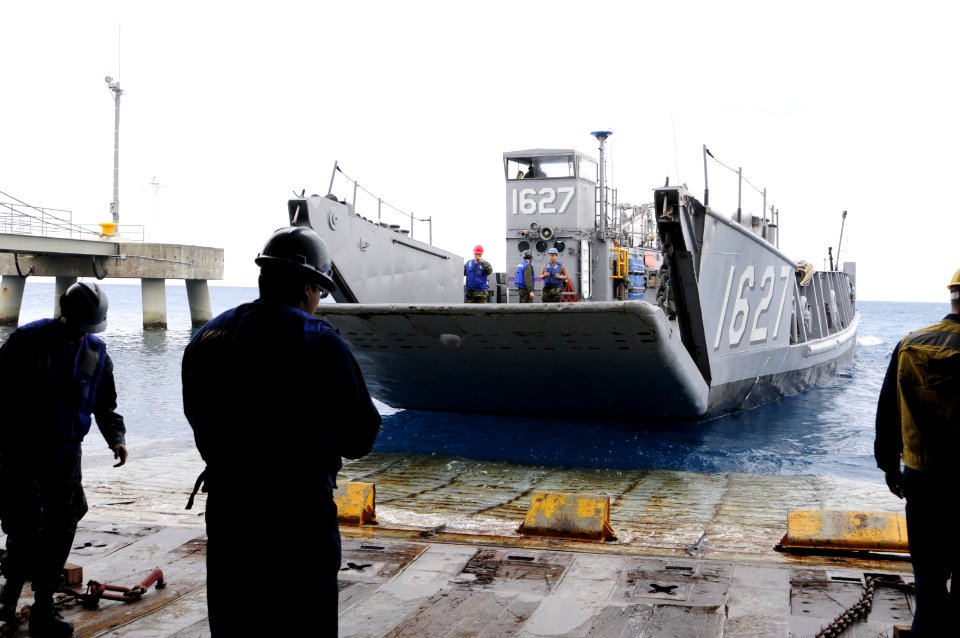 US Navy 120202-N-WV964-082 Landing Craft Utility 1627 leaves the well deck of the forward-deployed amphibious dock landing ship USS Germantown (LSD