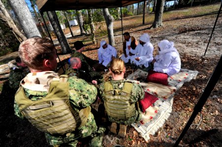US Navy 120203-N-PC102-148 Sailors assigned to the Maritime Civil Affairs Team (MCAT) conduct a key leader engagement during exercise Bold Alligato