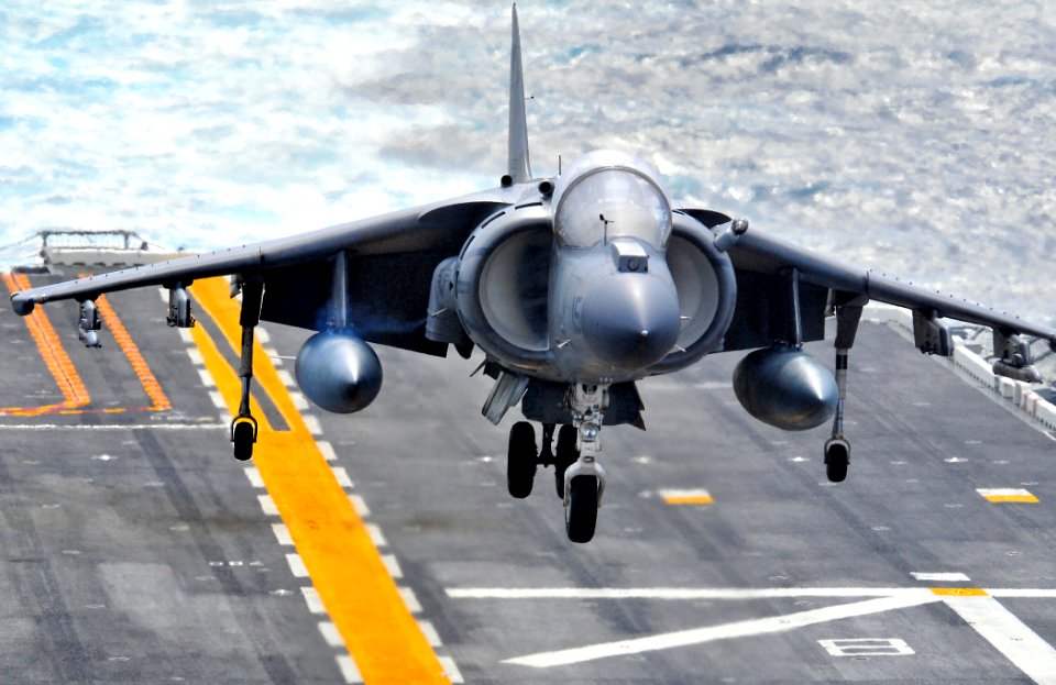 US Navy 120207-N-KB563-079 An AV-8B Harrier approaches the flight deck of the amphibious assault ship USS Peleliu (LHA 5) during flight operations