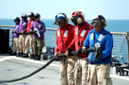 US Navy 120208-N-KS651-300 Sailors participate in a flight deck fire fighting drill aboard the amphibious dock landing ship USS Pearl Harbor (LSD 5