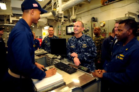 US Navy 120204-N-WL435-303 Chief of Naval Operations (CNO) Adm. Jonathan Greenert talks with Sailors aboard the amphibious assault ship USS Wasp (L photo