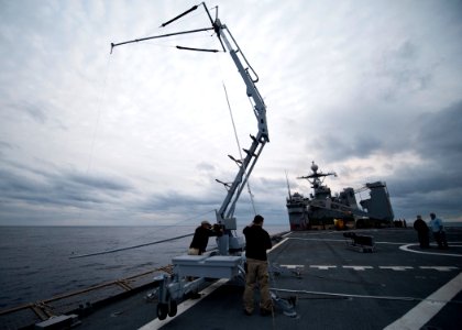 US Navy 120206-N-NR955-156 Insitu contractors prepare to recover Scan Eagle, an unmanned aerial vehicle (UAV), on the flight deck after a successf