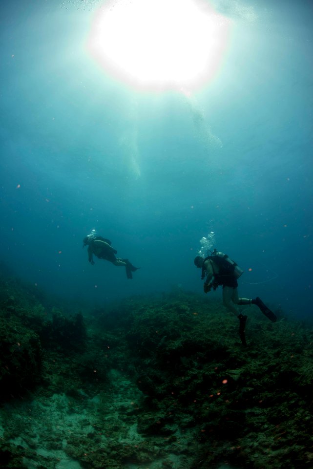 US Navy divers and Belizean Coast Guard divers work together during Southern Partnership Station '14 140626-N-IP743-263