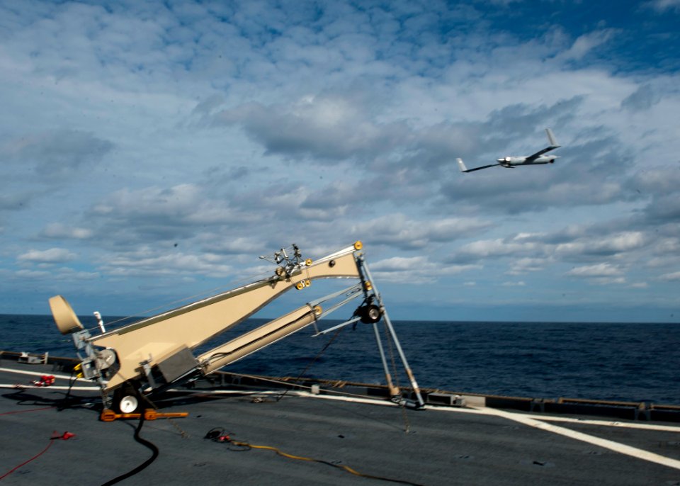 US Navy 120206-N-NR955-023 A Scan Eagle unmanned aerial vehicle (UAV) is launched from the flight deck for simulated reconnaissance aboard the Whid