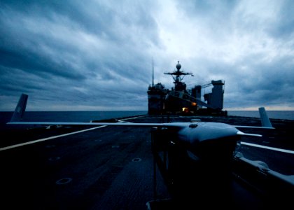 US Navy 120206-N-NR955-200 Scan Eagle, an unmanned aerial vehicle (UAV), sits on the flight deck after a successful test aboard the Whidbey Island
