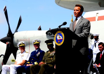 US Navy California Governor Arnold Schwarzenegger addresses veterans aboard the USS Midway Museum 069