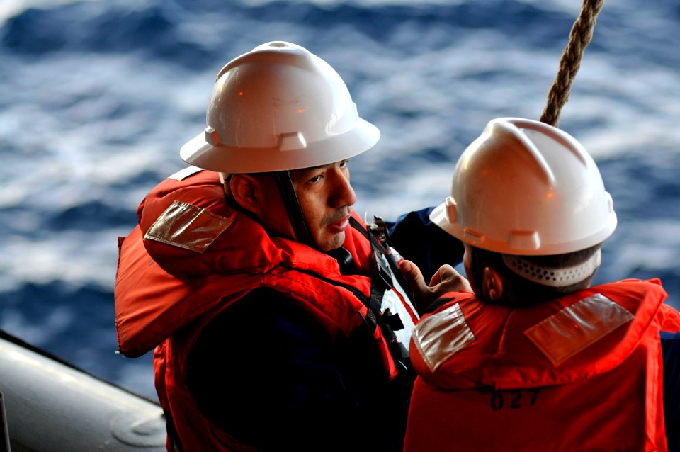US Navy 120207-N-ZI635-124 Chief Warrant Officer Galo Moreira, ship's boatswain, trains Sailors on the monkey lines as they launch a rigid-hull in