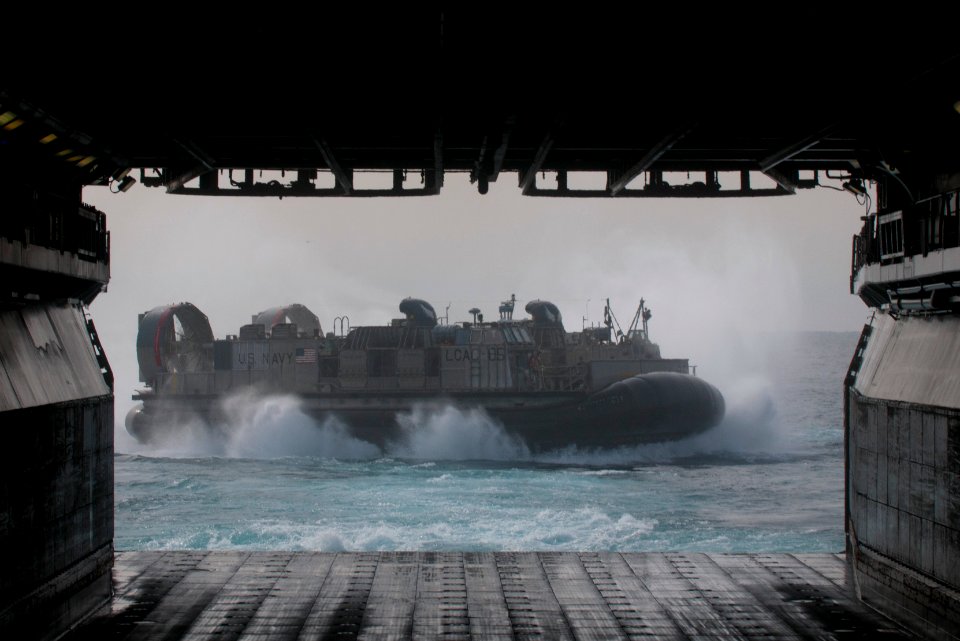 US Navy 120207-N-NL541-187 A landing craft air cushion departs the well deck of USS Wasp