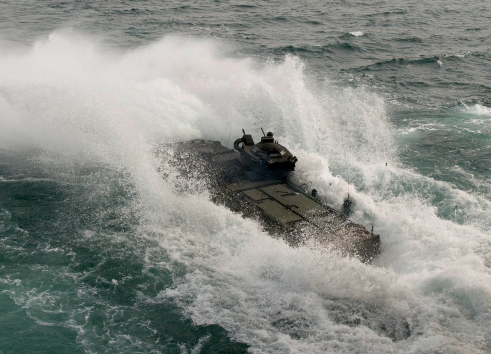 US Navy 120207-N-NL541-447 An amphibious assault vehicle (AAV) assigned to 2nd Amphibious Assault Battalion, Delta Company, 1st Platoon, exits the