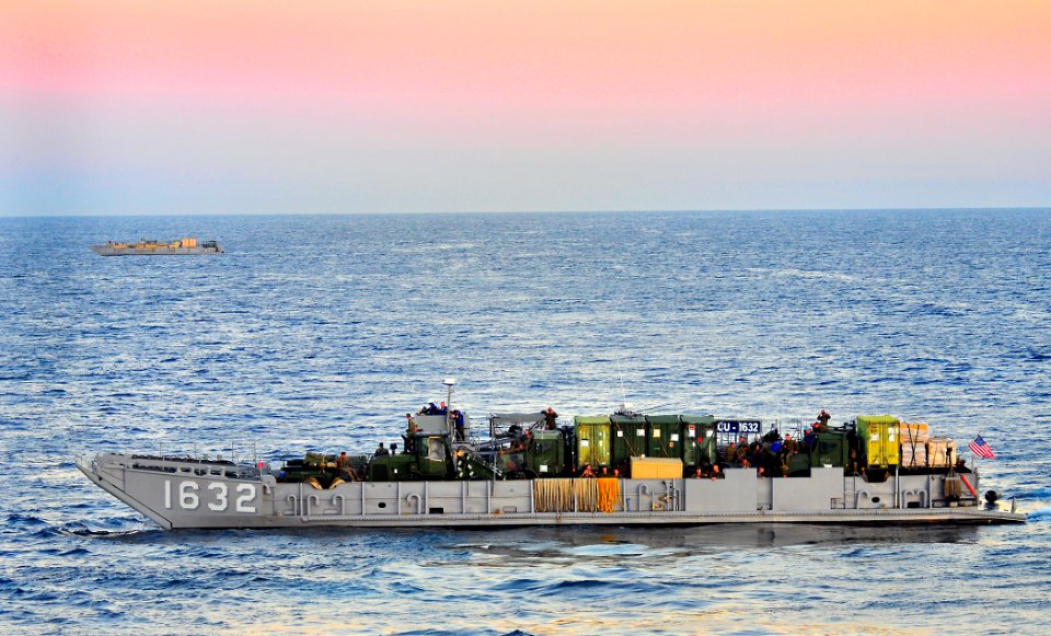 US Navy 120208-N-KB563-822 Landing Craft Utility 1632 transports Marines from the 15th Marine Expeditionary Unit (15th MEU) and members of the Japa
