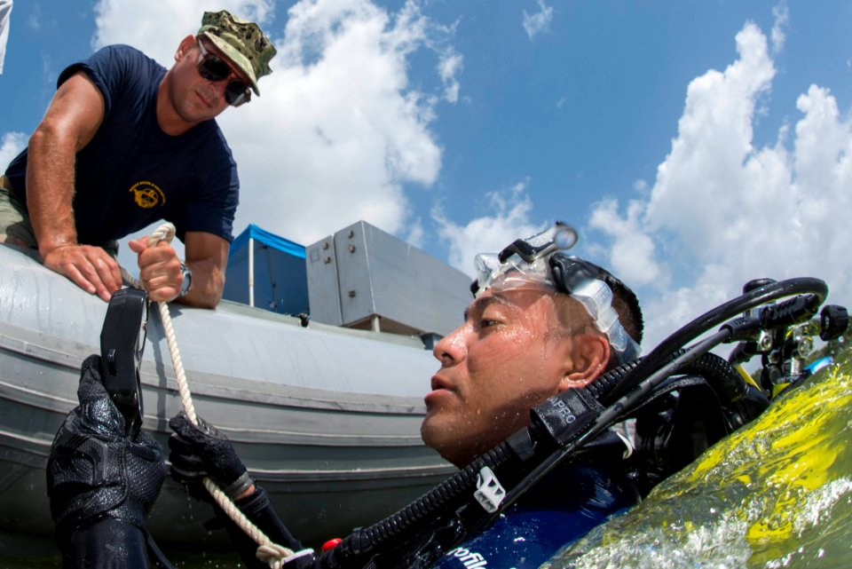 US Navy divers conduct a dive with Guatemalan divers as part of Southern Partnership Station '14 140801-N-IP743-076