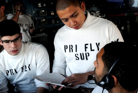 US Navy 120207-N-RG587-372 Sailors reviews the air plan in Primary Flight Control