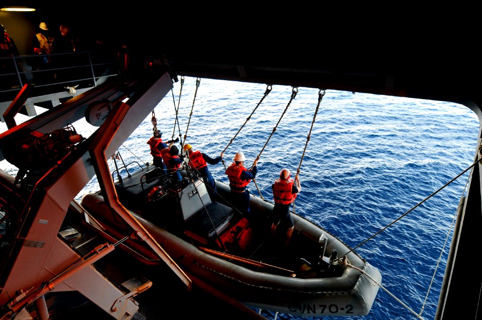 US Navy 120207-N-ZI635-007 Sailors launch a rigid-hull inflatable boat during a man overboard drill aboard the Nimitz-class aircraft carrier USS Ca