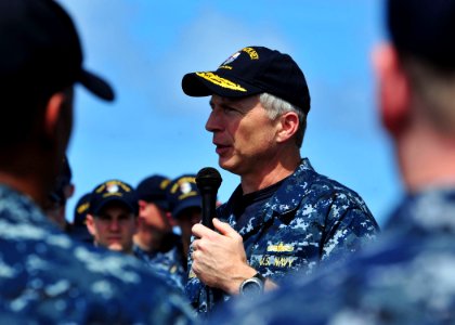 US Navy 120209-N-ED900-701 Rear Adm. Craig S. Faller, commander of Carrier Strike Group 3, talks to the crew aboard the Arleigh Burke-class guided
