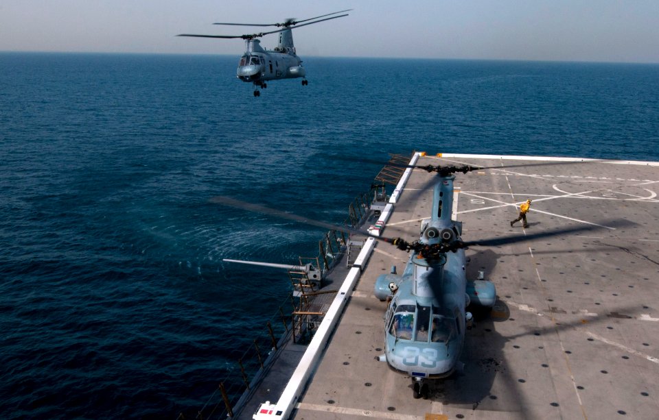 US Navy 120209-N-PB383-465 A CH-46E Sea Knight helicopter assigned to the Red Dragons of Marine Medium Helicopter Squadron 268 (Reinforced) departs