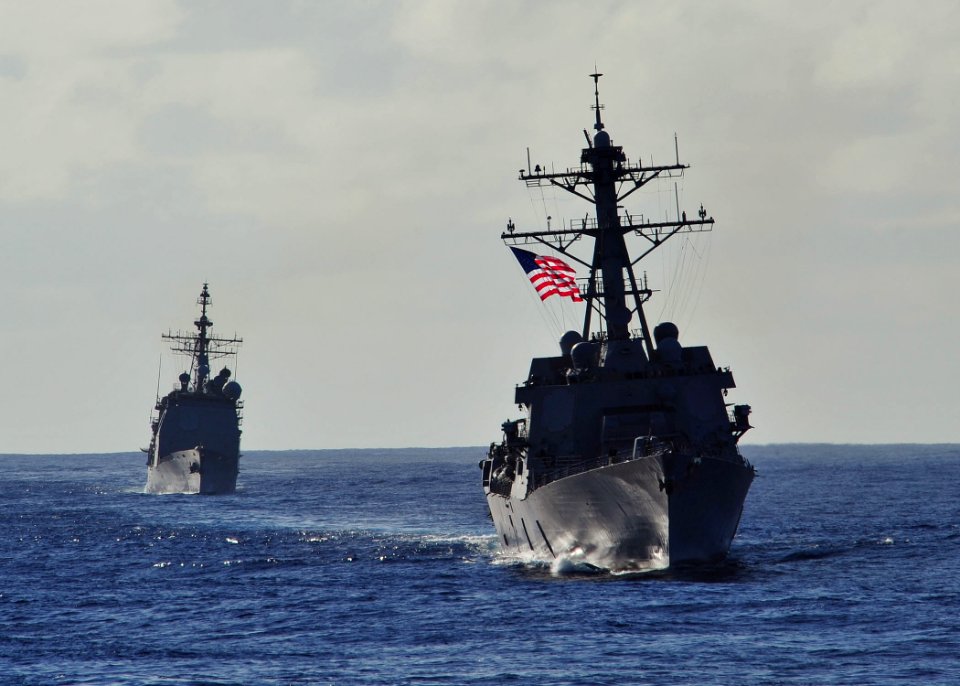 US Navy 120212-N-ED900-348 The Arleigh Burke-class guided-missile destroyer USS Wayne E. Meyer (DDG 108) and the Ticonderoga-class guided-missile c