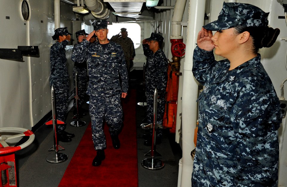 US Navy 120212-N-DX615-002 Capt. Donald R. Cuddington arrives at the change of command ceremony for Amphibious Squadron (PHIBRON) 5 aboard the amph