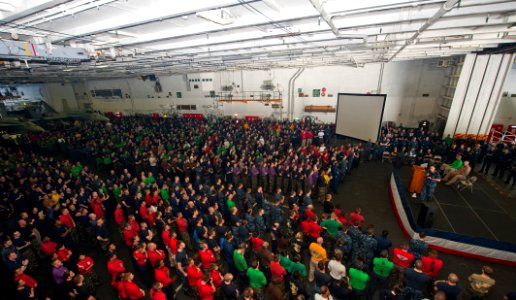 US Navy 120211-N-VH839-031 Capt. Ronald Reis, commanding officer of the aircraft carrier USS John C. Stennis (CVN 74), speaks to the crew
