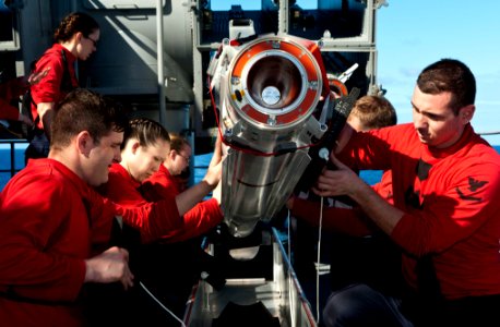 US Navy 120214-N-VH839-016 ailors aboard the Nimitz-class aircraft carrier USS John C. Stennis (CVN 74) remove a RIM-7 Sea Sparrow missile from a N