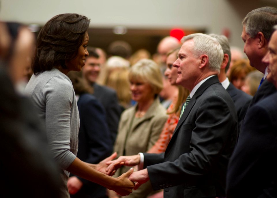 US Navy 120215-N-AC887-033 Secretary of the Navy (SECNAV) the honorable Ray Mabus greets first lady Michelle Obama