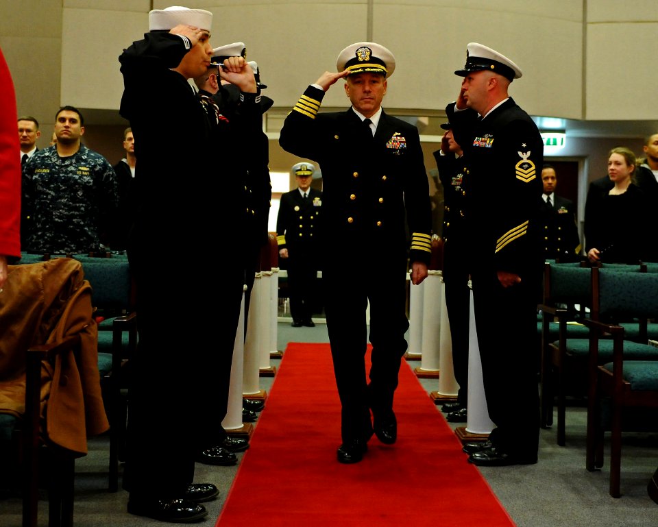 US Navy 120216-N-NW827-021 Capt. Mark Davis receives honors as he arrives at a change of command ceremony on Naval Support Activity Naples